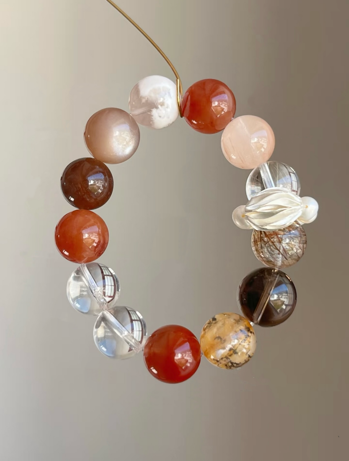 Fire & Earth Element Crystal Bracelet – Red Rabbit Hair, Pink Rabbit Hair, Silver Hair Crystal, Smoky Quartz & White Crystal Energy Jewelry