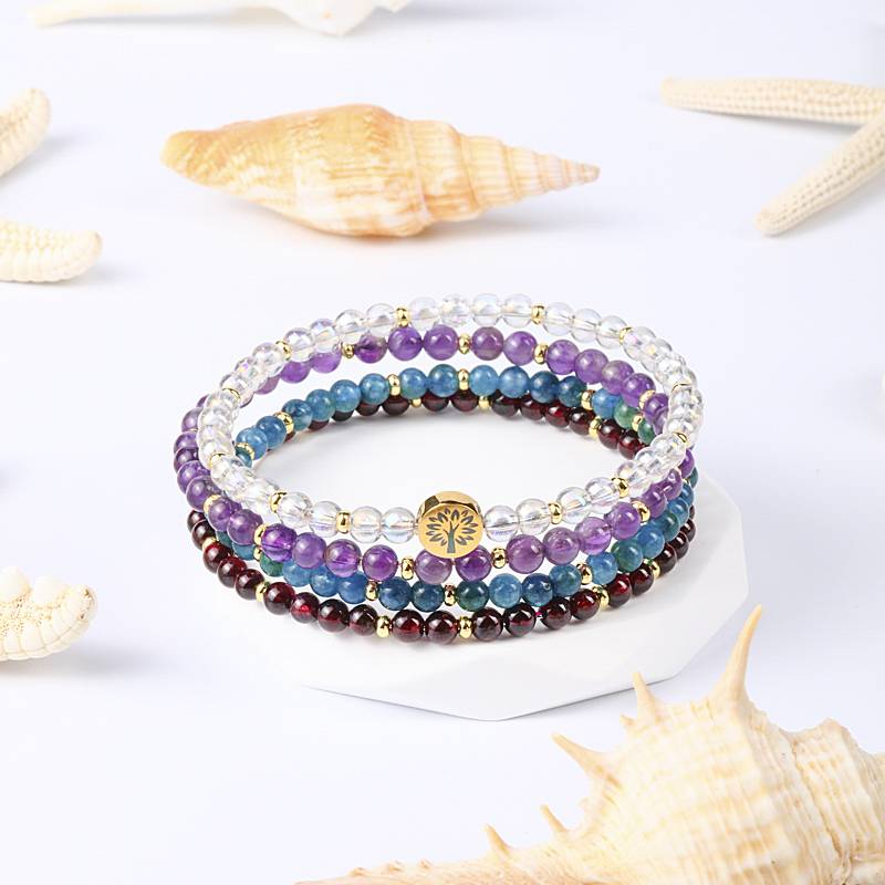 Health & Vitality Crystal Bracelet – Amethyst, Colored White Crystal & Garnet