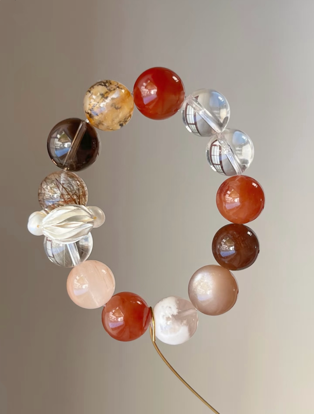 Fire & Earth Element Crystal Bracelet – Red Rabbit Hair, Pink Rabbit Hair, Silver Hair Crystal, Smoky Quartz & White Crystal Energy Jewelry