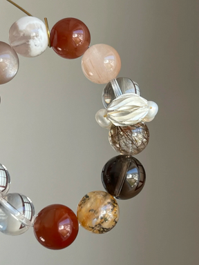 Fire & Earth Element Crystal Bracelet – Red Rabbit Hair, Pink Rabbit Hair, Silver Hair Crystal, Smoky Quartz & White Crystal Energy Jewelry