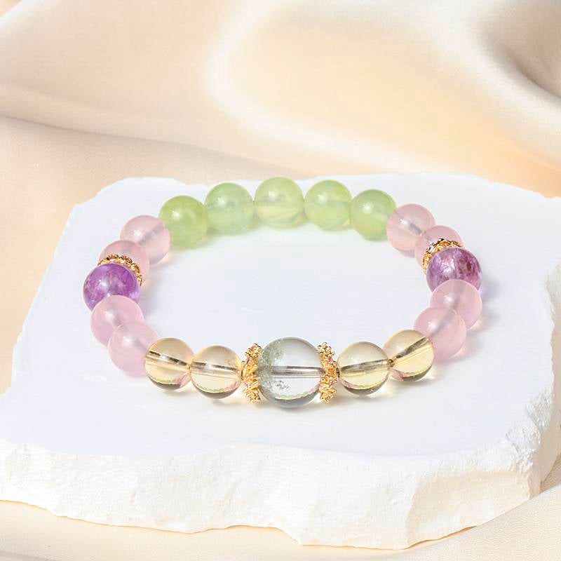 Water Lilies Crystal Bracelet – Monet-Inspired White Crystal, Rose Quartz & Amethyst Healing Jewelry