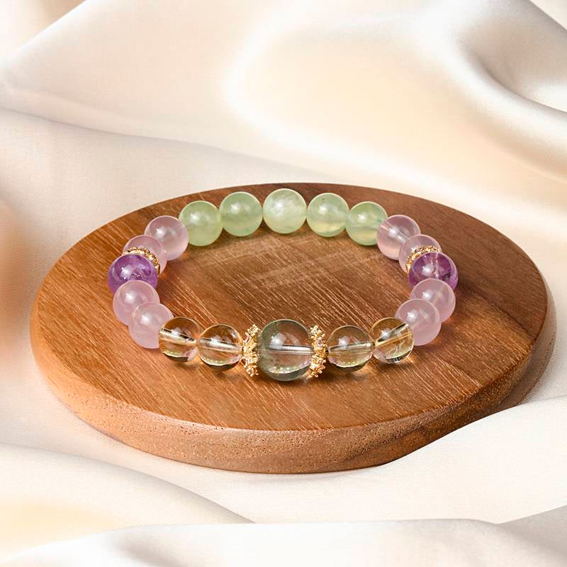 Water Lilies Crystal Bracelet – Monet-Inspired White Crystal, Rose Quartz & Amethyst Healing Jewelry