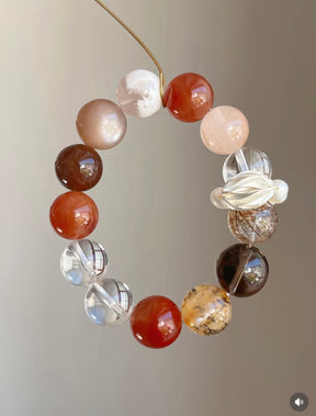 Fire & Earth Element Crystal Bracelet – Red Rabbit Hair, Pink Rabbit Hair, Silver Hair Crystal, Smoky Quartz & White Crystal Energy Jewelry