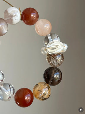 Fire & Earth Element Crystal Bracelet – Red Rabbit Hair, Pink Rabbit Hair, Silver Hair Crystal, Smoky Quartz & White Crystal Energy Jewelry