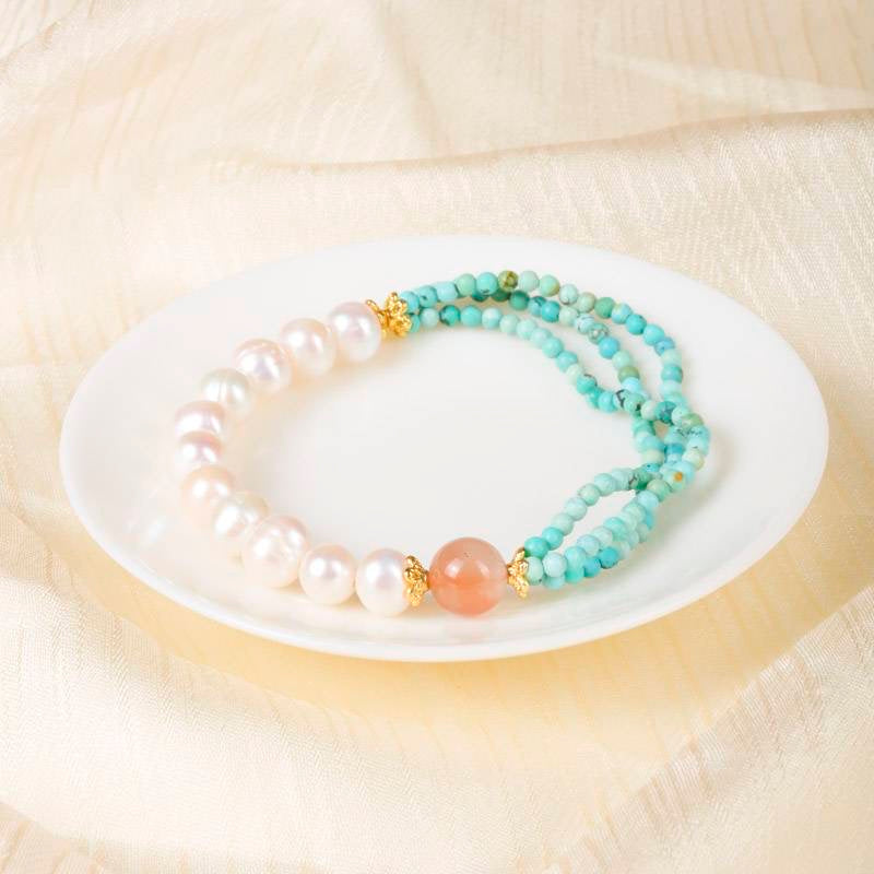 Blooming Almond Blossom Crystal Bracelet – Van Gogh-Inspired Turquoise, Pearl & Agate Jewelry